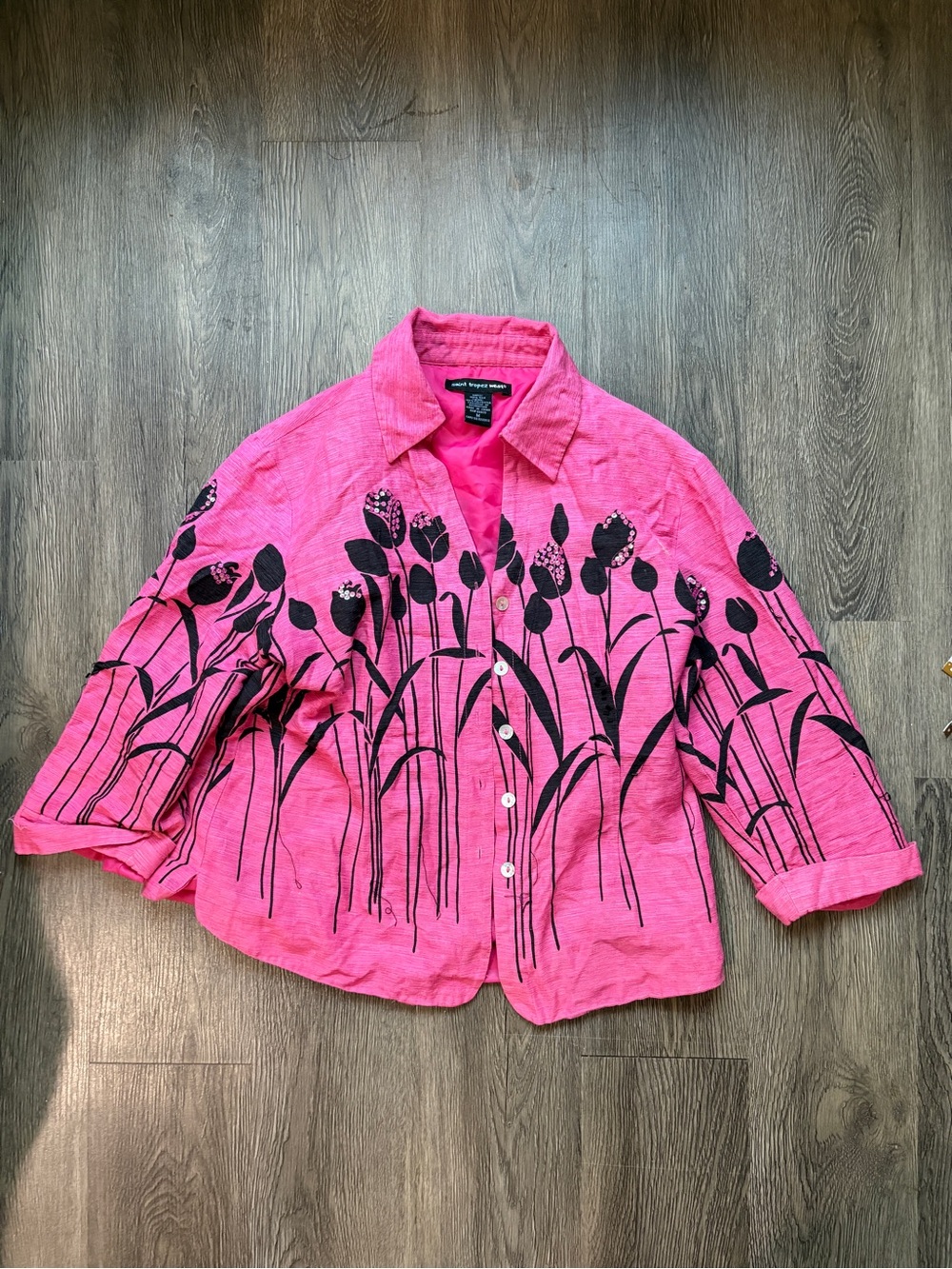 Title: Saint Tropez West Pink Silk Jacket Size M | Floral Sequin Graphic